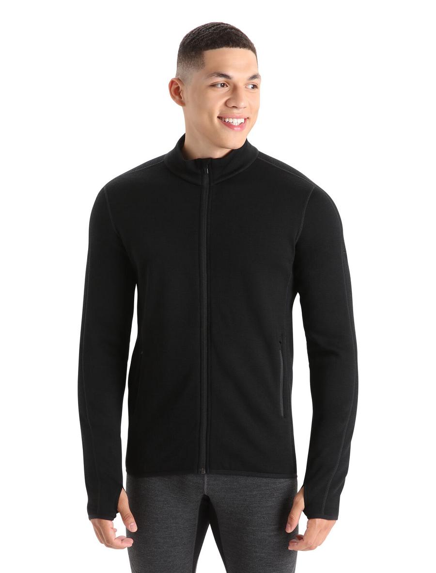 Black Men\'s Icebreaker RealFleece™ Merino Elemental Long Sleeve Zip Jacket Hoodie | USA 1251DFMN